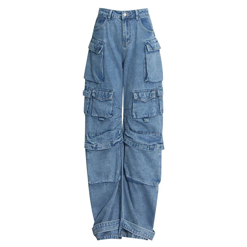 Cool Multiple Pocket Detail High Waist Wide Leg Cargo Jeans