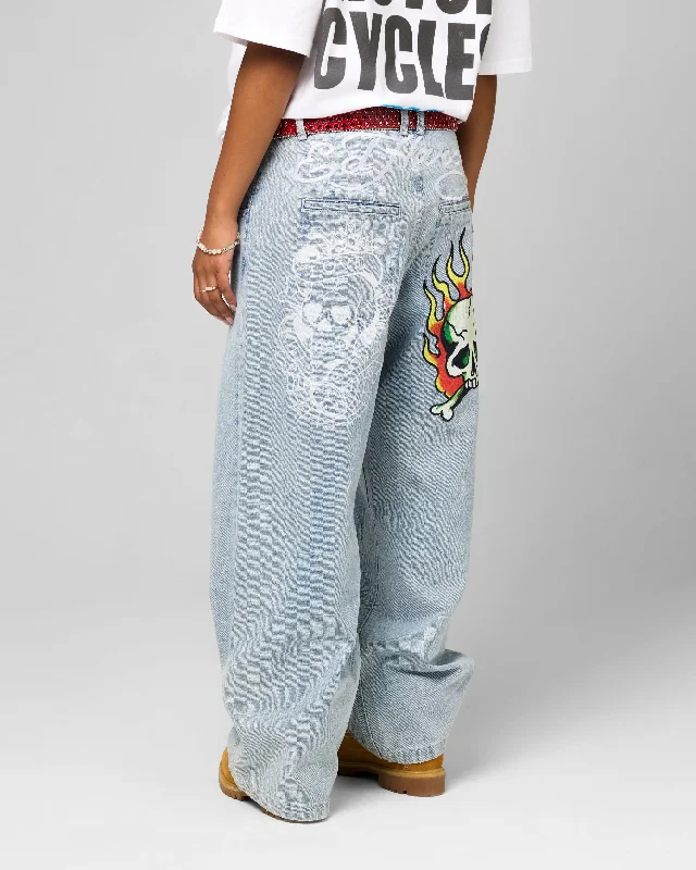 Ed Hardy Wide Leg Skull Jeans Light Blue