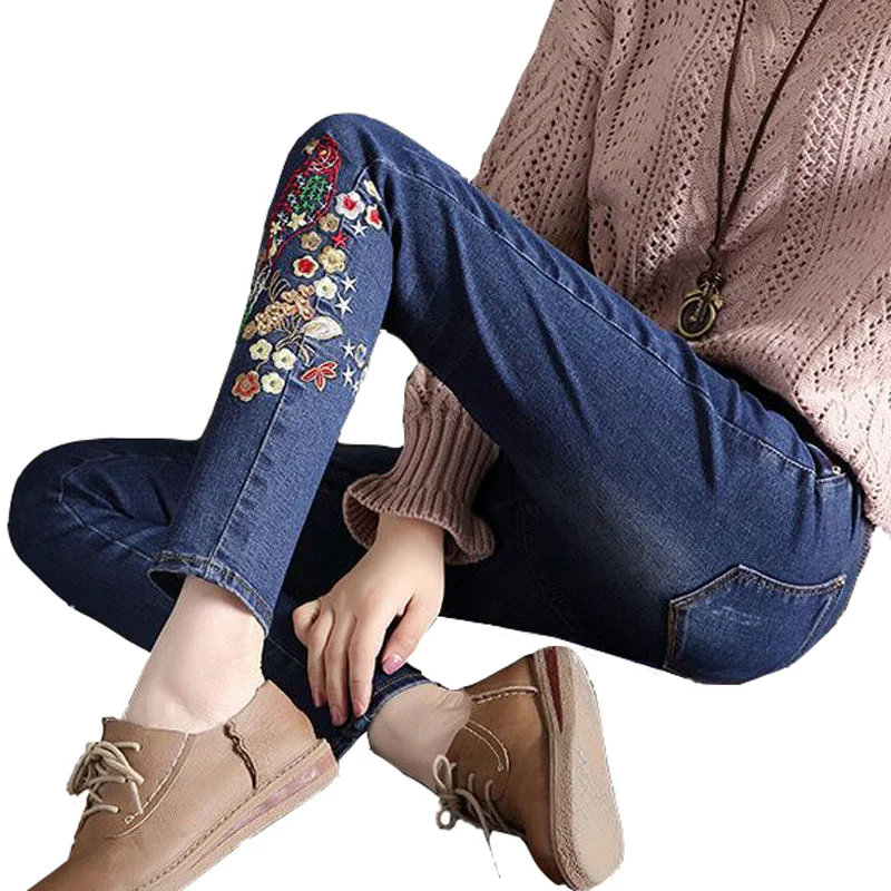 elastic boyfriend for women jeans woman 2018plus size push up skinny jeans slim stretch denim pants with embroidery femme ladies