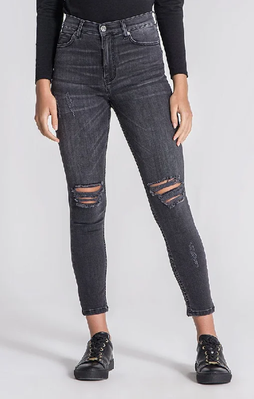 Grey Core Ripped Jeans Fashionable Relaxed Fit Denim