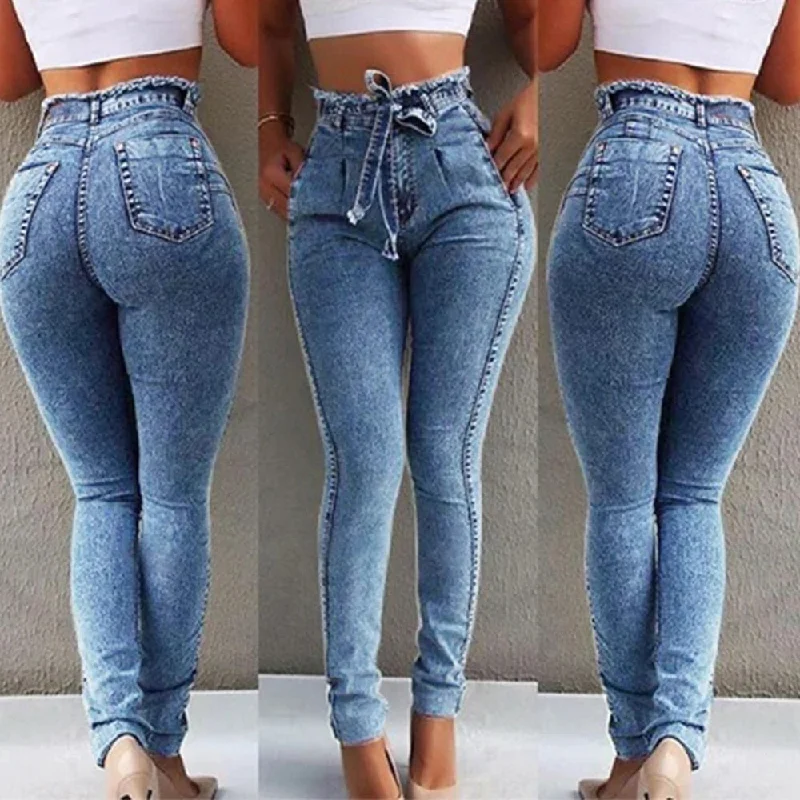 Oeak Solid Skinny Jeans Woman Casual Pencil High Waist Jeans Tassel Drawstring Slim Jean Summer Femme Stretch Demin Ladies Jeans