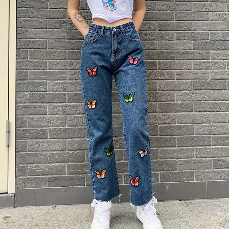 SHENGPALAE 2020 Casual Jeans Woman Long Trousers Cowboy Female Loose Streetwear Butterfly Embroidered Straight Pants ZA4377 Fashionable Jeggings Style Jeans SHENGPALAE 2020 Casual Jeans Woman Long Trousers Cowboy Female Loose Streetwear Butterfly Embroidered Straight Pants ZA4377 Fashionable Jeggings Style Jeans