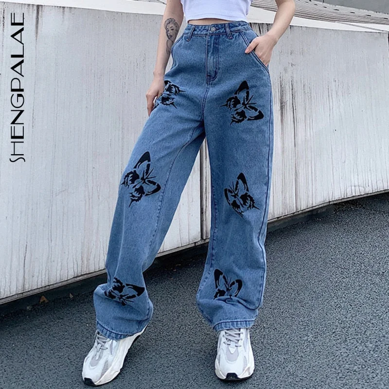 SHENGPALAE 2020 New Summer Vintage Jeans Woman,Loose Streetwear Butterfly Print Pants 10 Comfortable Distressed Straight-Leg Jeans SHENGPALAE 2020 New Summer Vintage Jeans Woman,Loose Streetwear Butterfly Print Pants 10 Comfortable Distressed Straight-Leg Jeans