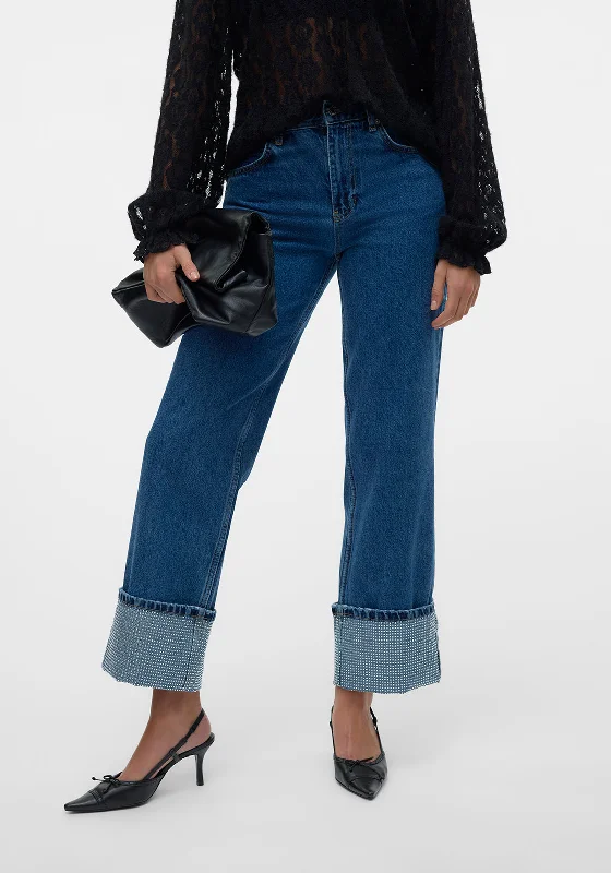 Vero Moda Chloe Rhinestone Hem Wide Leg Jeans, Medium Blue Comfortable Stretch Fit Jeans Vero Moda Chloe Rhinestone Hem Wide Leg Jeans, Medium Blue Comfortable Stretch Fit Jeans