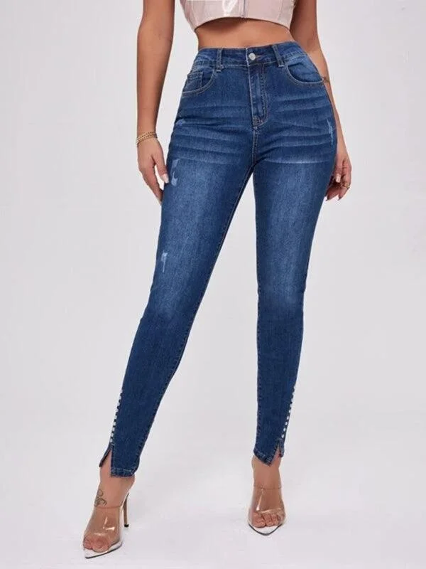 Women's Beaded Slit Jeans