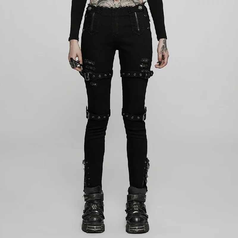 Women's Punk Ripped Straps Skinny Jeans