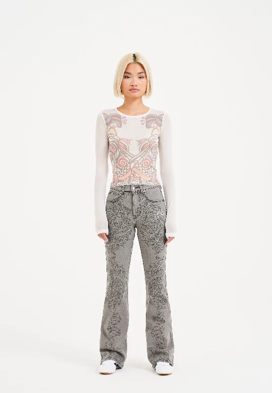 Womens Ice Geisha Flared Denim Trousers Jeans - White/Grey Stylish Stone-Wash Denim Jeans Womens Ice Geisha Flared Denim Trousers Jeans - White/Grey Stylish Stone-Wash Denim Jeans